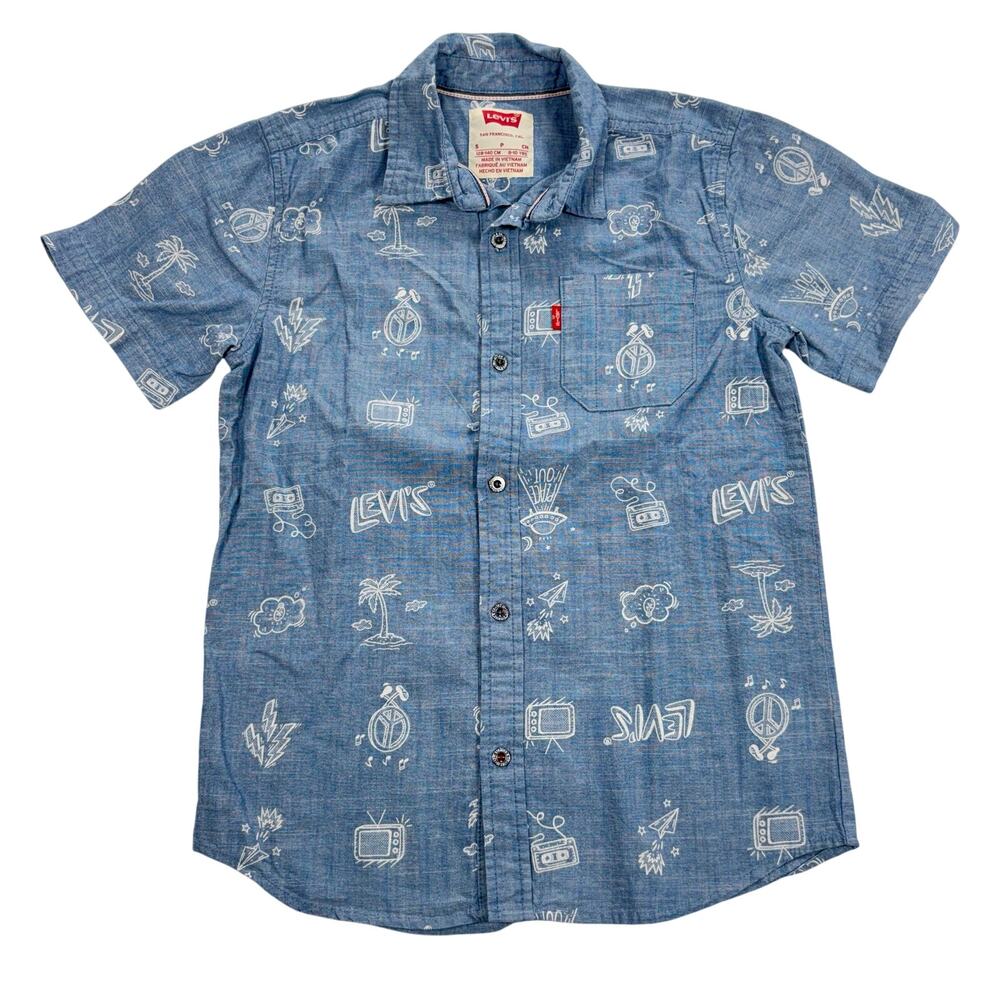 Levi’s Boys Small 8-10 Blue Chambray Short Sleeve Button Down Shirt Retro Print